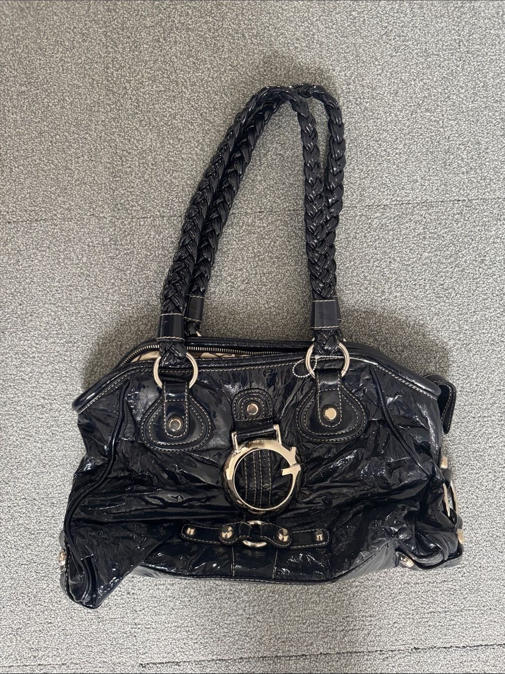 Guess Black Patent Braided-Handle Shoulder Bag